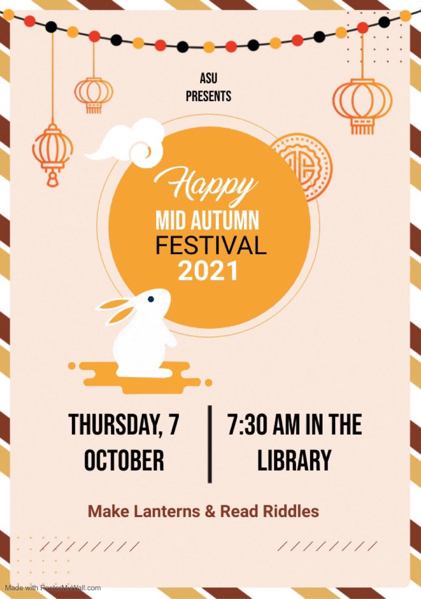 Come to the library Oct. 7 to celebrate the Mid-Autumn festival with riddles and lanterns! 🏮🥮🌙