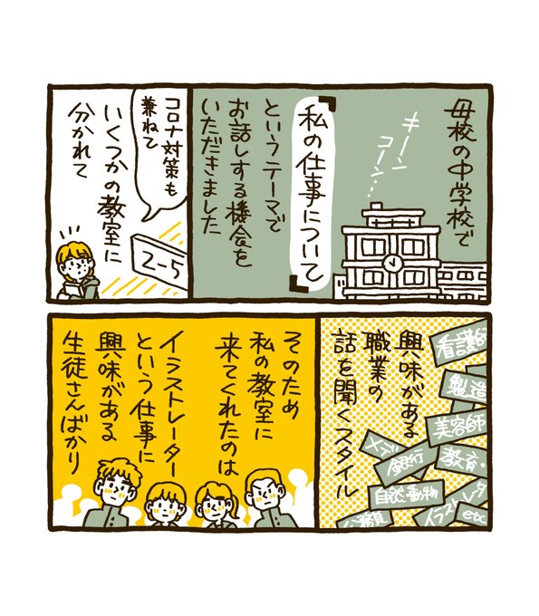 母校の中学校で「私の仕事について」というテーマでお話しする機会をいただきました。イラストレーターの仕事に興味がある生徒さんに向けて、私の経験を色々とお話ししました。こちらが学ばせてもらうこともたくさんあり、背筋が伸びる思いです。 