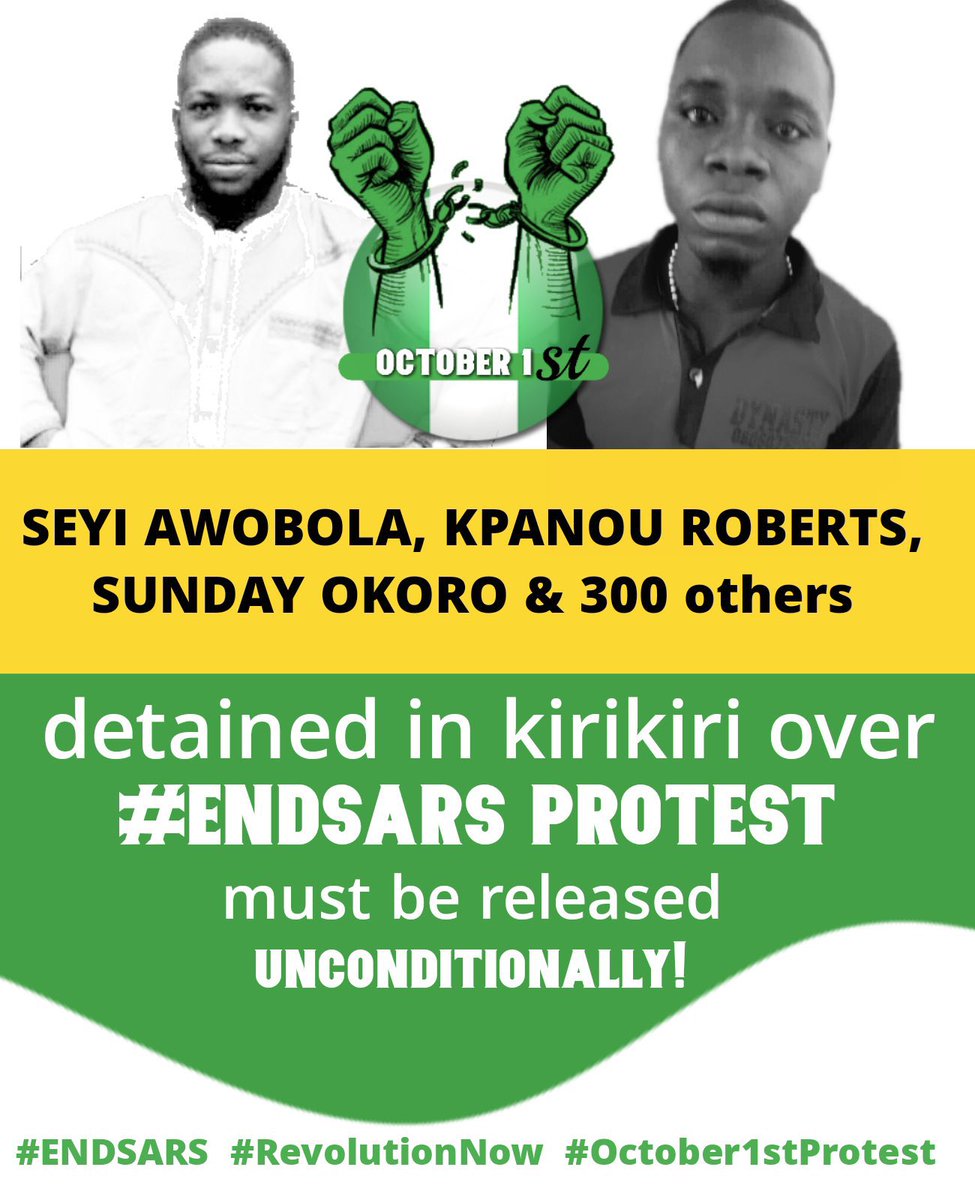RevolutionNowNg's tweet photo. We won’t relent till all #EndSARS protesters are free! #NigeriaAt61 #Oct1stProtest #RevolutionNow #BuhariMustGo https://t.co/R01XQbXOyy