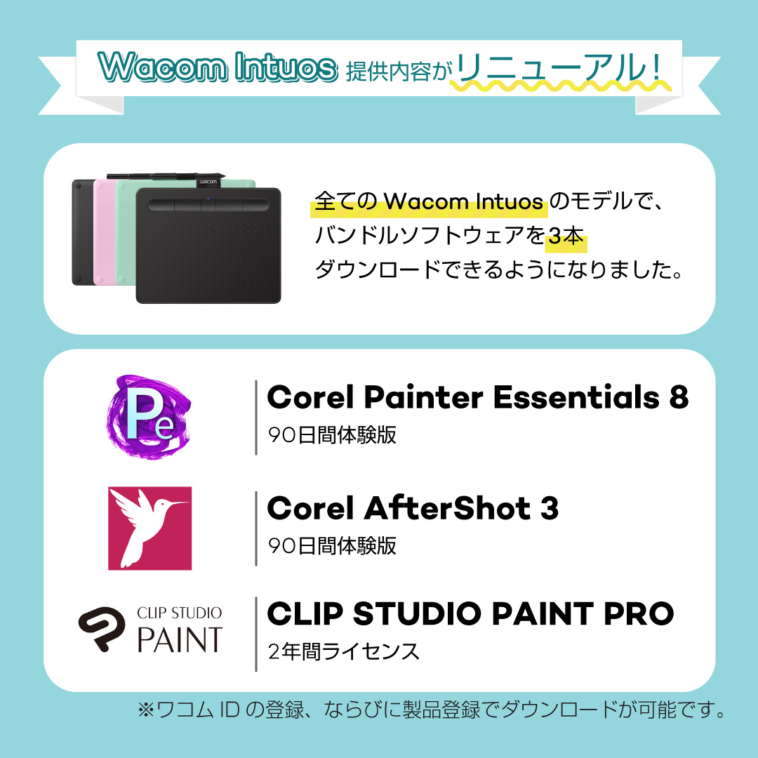 株式会社ワコム Lori Twitter Wacomintuos 全てのモデルで バンドルソフトウェアを 3本 Dlできるようになりました 試せるソフト Corel Painter Essentials 8 Corel Aftershot 3 Clip Studio Paint Pro イラスト制作だけでなく写真加工などもできるライン