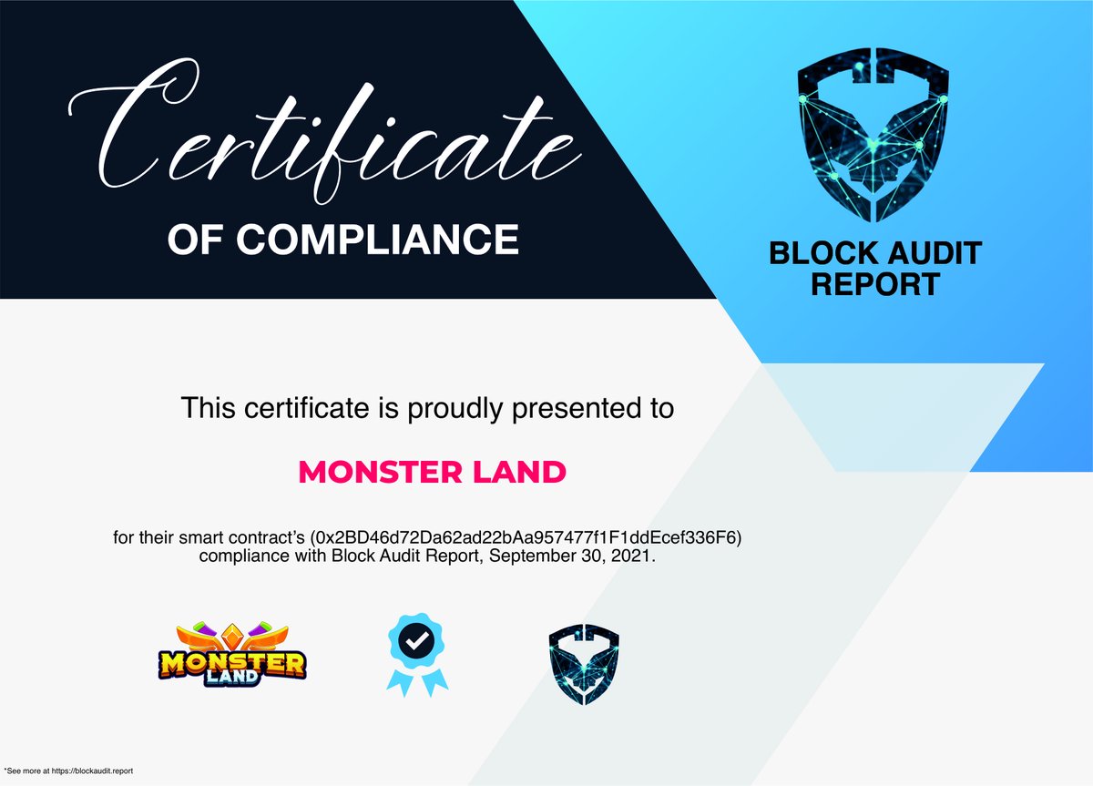 MonsterLandMeta's tweet image. 📣 Audit Certificate 📣
✅ Audit Report: app.gitbook.com/@monsterland-1…

@BlockAudit  #playtoearn #NFT #GameFi