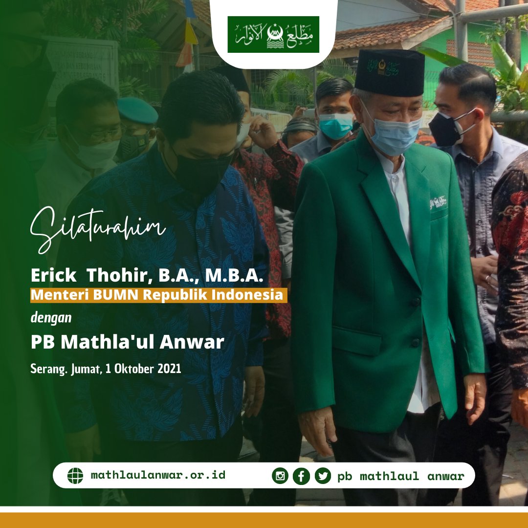 pbmathlaulanwar's tweet photo. Silaturahim @erickthohir Menteri BUMN RI dengan PB Mathla'ul Anwar.

Kota Serang. Jumat, 1 Oktober 2021.

#MathlaulAnwar https://t.co/TJKQXOhIii