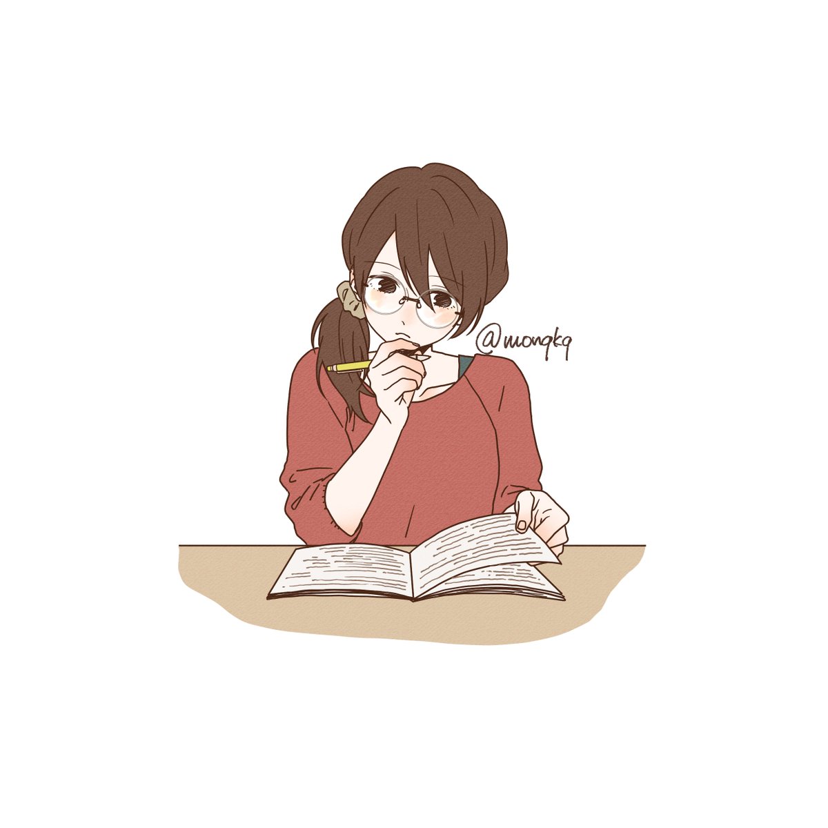 1girl solo glasses brown hair book pencil white background  illustration images