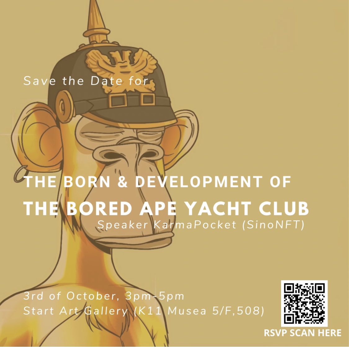 From Oct 1-11, the gallery will have “The Bored Ape Party” exhibition thanks to SinoNFT founder Karma’s support.  3 events will be held.  Pls RSVP! #BAYC #sinonft