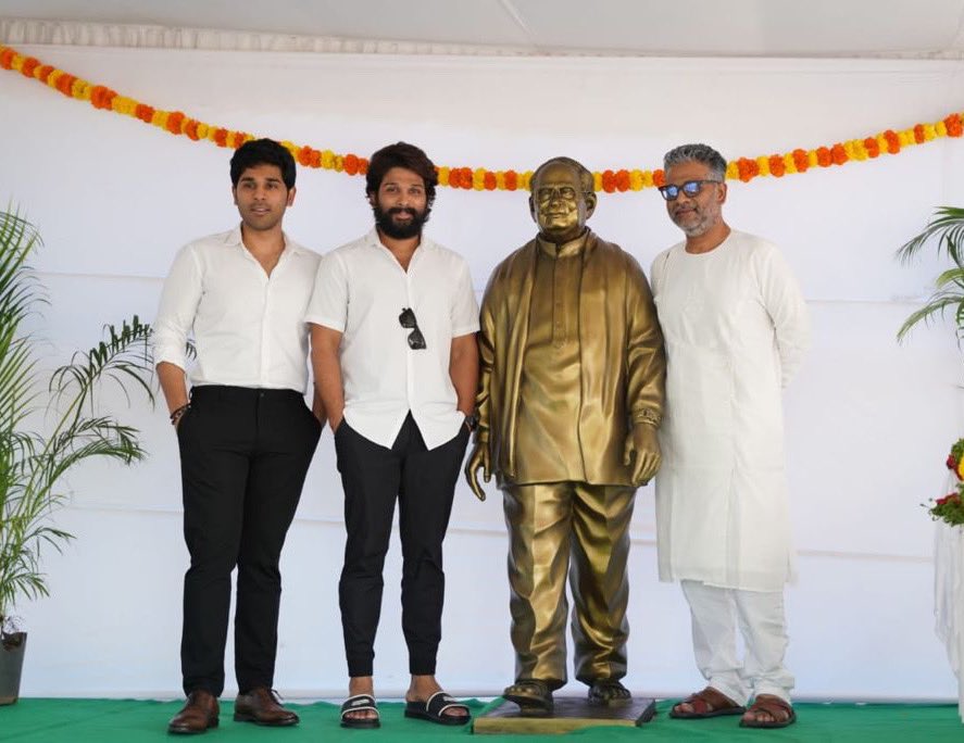 alluarjun's tweet photo. Unveiled the statue of my grandfather Padmashri #AlluRamalingaiah garu in ALLU Studios on his birth anniversary today along with #AlluBobby &amp; @AlluSirish . He was our pride and will continue to be a part of our journey at Allu studios . https://t.co/UHMZYvgiC3