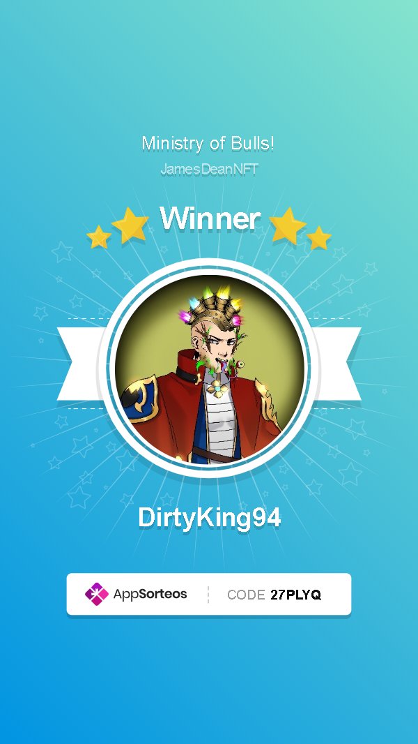 JamesDeanNFT's tweet photo. Congrats to @DirtyKing94! 🏆

You won the @ministryofbulls giveaway! 🎉

For more giveaways please follow @EvilJamesDean. https://t.co/A07qXQ28TF