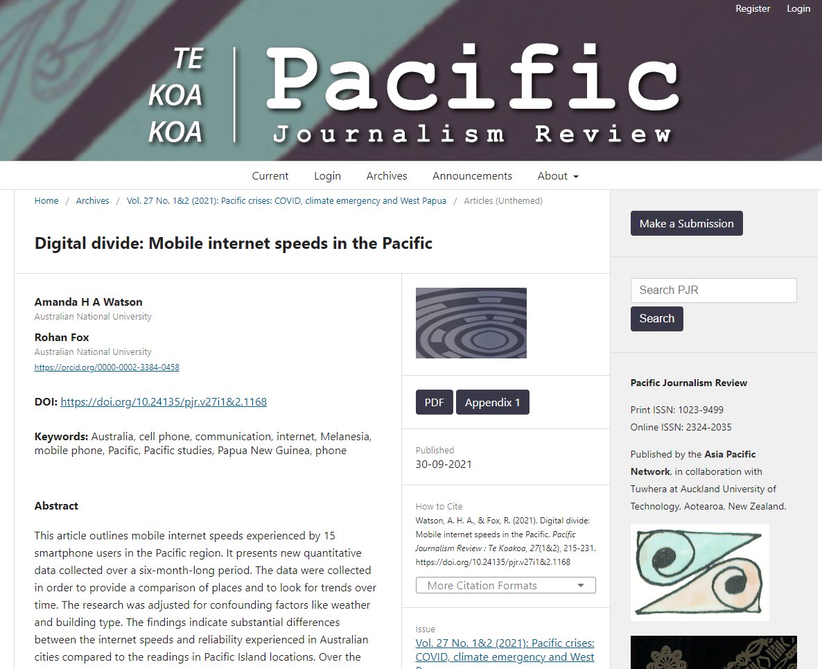 ahawatson's tweet photo. My latest paper with @rohan_fox_work is on #mobile internet speeds in #Pacific countries in #PacificJournalismReview: https://t.co/e6mSLB8vNR
Thanks to research assistants &amp; @DavidRobie. #journalism #communication #Pacificstudies @pacmedcentre @anudpa @talihavetea @SolomonChamber https://t.co/GIz2kMTLOl