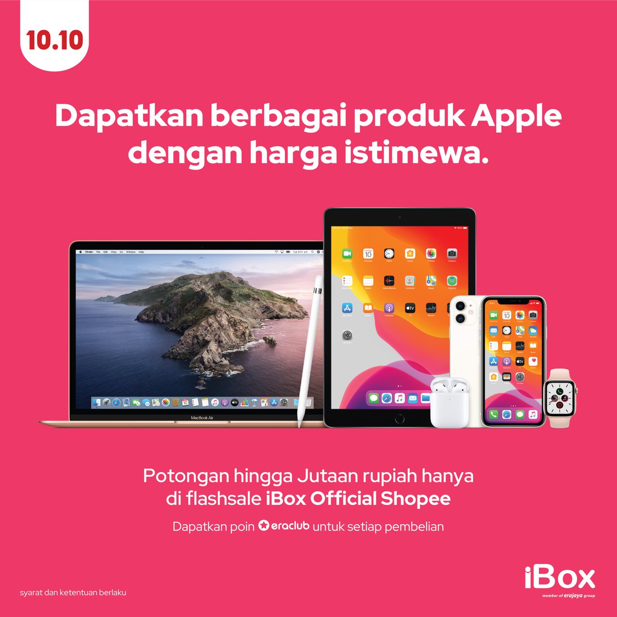 Promo 10.10 kini hadir! Dapatkan berbagai produk Apple istimewa dengan protongan hingga jutaan rupiah hanya di flash sale iBox Official Shopee! Dapatkan poin eraclub untuk setiap pembelian. Stay tune di instagram iBox Indonesia untuk info lebih lanjut.
#iBoxIndonesia #1010iBox
