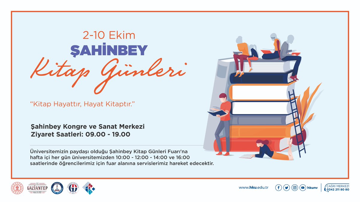 Kitap hayattır, hayat kitaptır📚
<a href="/hkunv/">Hasan Kalyoncu Üniv</a>'nin paydaşı olduğu Şahinbey Kitap Günleri Fuarı'na hafta içi her gün üniversitemizden 10:00-12:00-14:00 ve 16:00 saatlerinde öğrencilerimiz için fuar alanına servislerimiz hareket edecektir.
🗓️2 - 10 Ekim
📍Şahinbey Kongre ve Sanat Merkezi