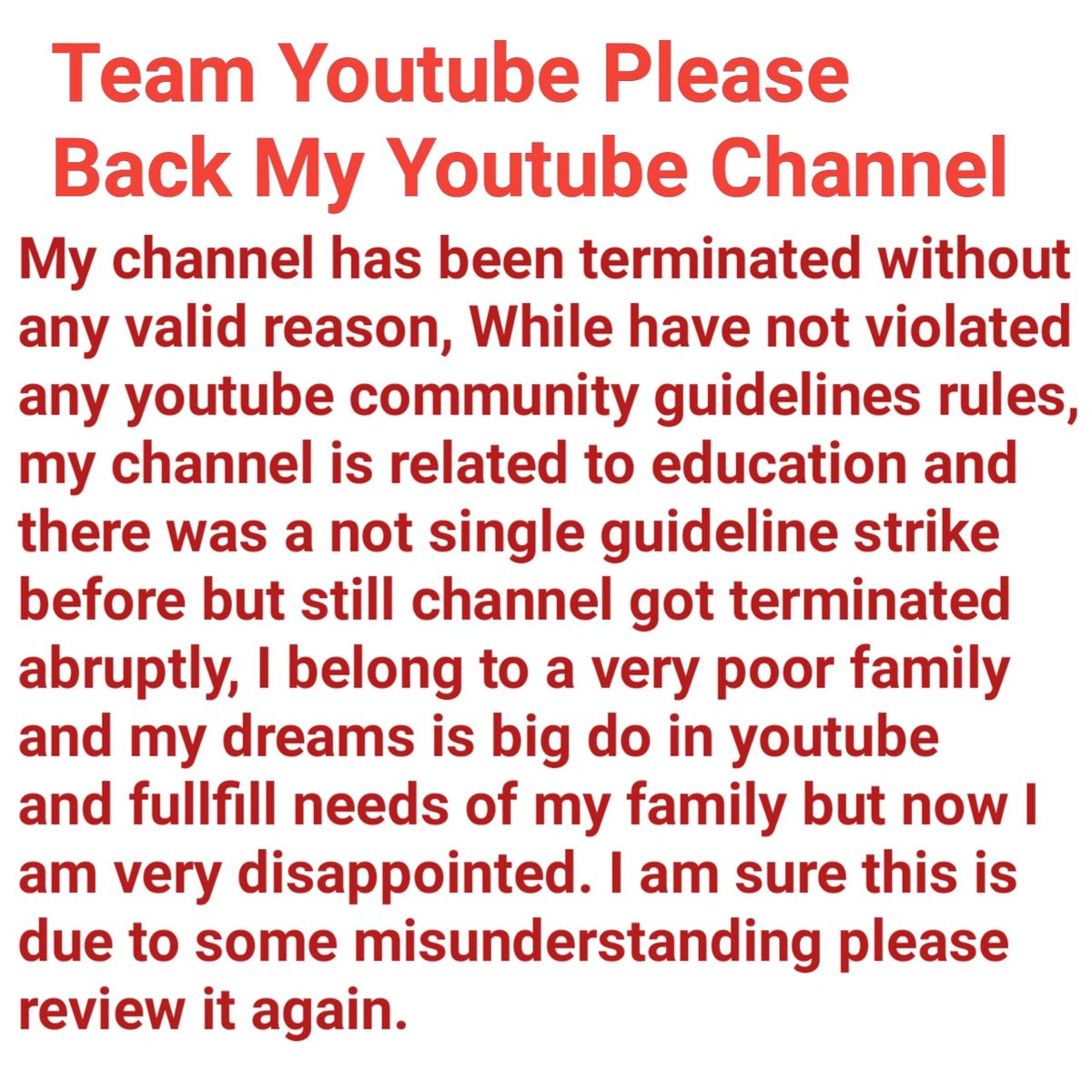 mravneetvlogs's tweet photo. @TeamYouTube Dear @YouTube @YouTubeIndia Please Back to my youtube Channel
Channel name - Digital Gyan 247
Channel link- https://t.co/4MPKqGkXX0
Subscriber - 4.91K ( channel was small but my proud in my youtube family) 
Details are given in image:- https://t.co/DqB7cYVaTP