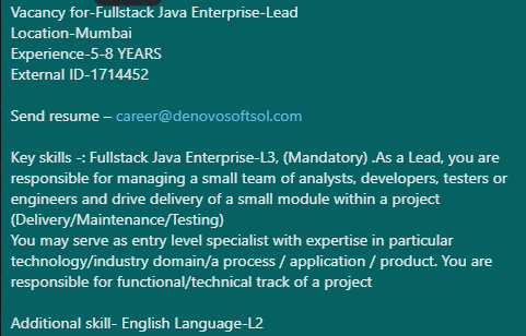 denovosoftsol's tweet image. Vacancy for-Fullstack Java Enterprise-Lead
Location-Mumbai
Experience-5-8 YEARS
External ID-1714452
Send resume – career@denovosoftsol.com
#FullstackJavaEnterprise #JavaEnterprise #html #css #javascript #fullstackdeveloper #programmer #webdeveloperFullstack #JavaEnterpriseLead