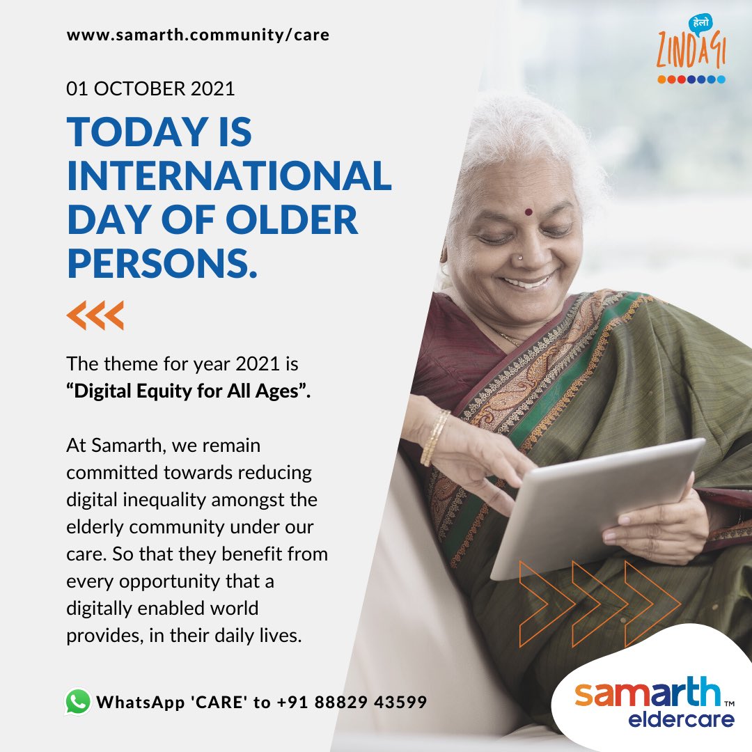 samarthFamily's tweet photo. On ‘International Day of Older Persons’, we reaffirm our commitment to ensure that the #elderly under our care remain alive to every opportunity that a digitally enabled world provides. 

#samarth #samartheldercare #InternationalDayOfOlderPersons #eldercare #hellozindagi #seniors https://t.co/qdAgePk2Mz
