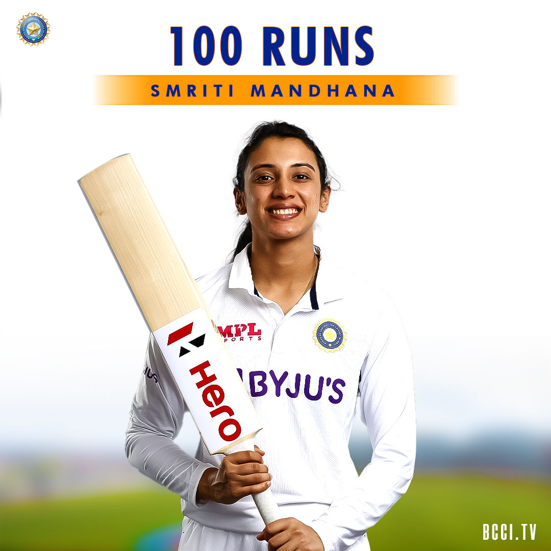 💯 for <a href="/mandhana_smriti/">Smriti Mandhana</a>! 👏 👏

Maiden Test ton for the #TeamIndia left-hander. 👍 👍

What a fantastic knock this has been! 🙌 🙌 #AUSvIND

Follow the match 👉 bit.ly/AusWvIndWOnlyT…