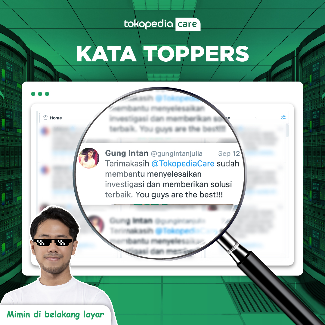 TokopediaCare's tweet photo. Awal Oktober yang cerah buat Mimin setelah baca apresiasi dari Kak @gungintan ini.
Makasih ya Kak! Apresiasi Kakak akan menjadi semangat bagi Tim @TokopediaCare untuk #SelaluAdaSolusi terbaik bagi Toppers!
#KataToppers
#TokopediaCare
#SahabatTerbaikToppers https://t.co/QBijq2n7RJ