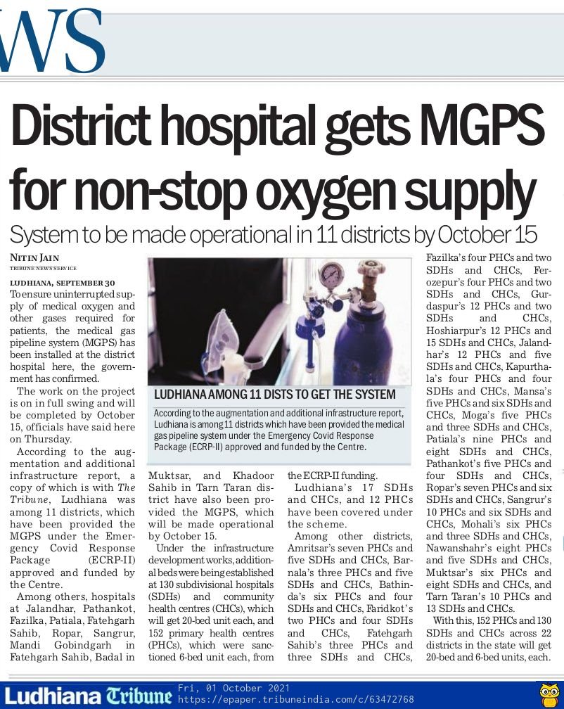 nitinthetribune's tweet photo. To ensure #uninterrupted #supply of #medical #oxygen, other #gases required for #patients, medical gas pipeline system (#MGPS) installed at #district #hospital in #Ludhiana, confirms @PunjabGovtIndia
Page 2 lead in today's Ludhiana Tribune @thetribunechd
https://t.co/BgOod3vRUa https://t.co/fbr3PFRyN4