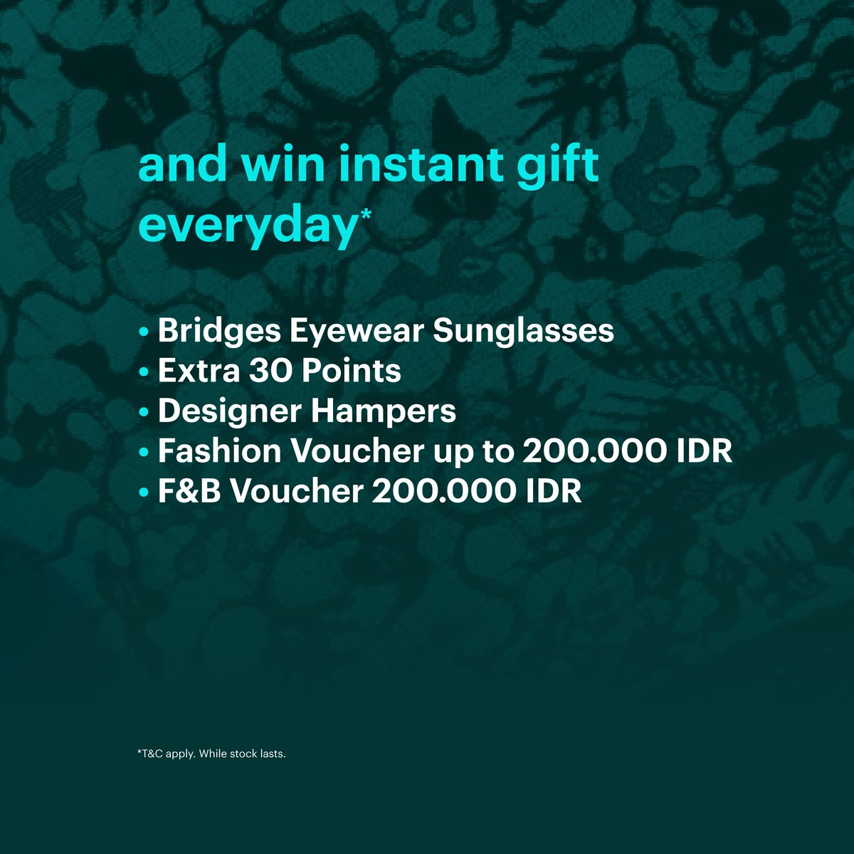 senayancity's tweet image. and win instant gift everyday*
• Bridges Eyewear Sunglasses
• Extra 30 Points
• Designer Hampers
• Fashion Voucher up to 200.000 IDR
• F&amp;amp;B Voucher 200.000 IDR

*T&amp;amp;C apply. While stock lasts.

____
#SCXMEMBER
#SENAYANCITY
