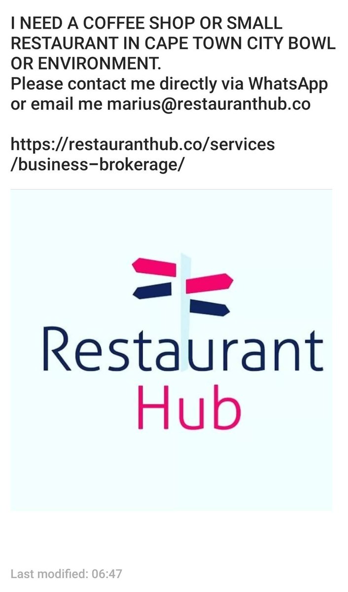 I NEED A COFFEE SHOP OR SMALL RESTAURANT IN CAPE TOWN CITY BOWL OR ENVIRONMENT.

My client is a cash buyer and seeks to purchase a steady income. 

Please contact me directly via WhatsApp or email me marius@restauranthub.co 

restauranthub.co/services/busin…