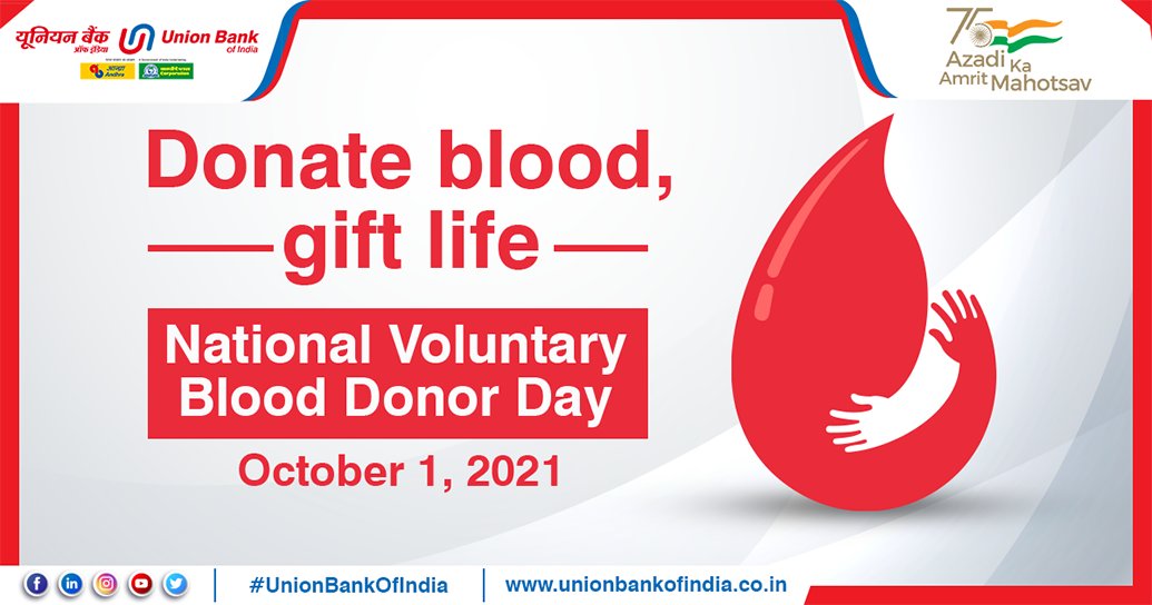 UnionBankTweets's tweet photo. National Voluntary Blood Donor Day is celebrated in memory of Dr. Jai Gopal Jolly whose contribution helped in making blood available for all. Donate blood regularly and save lives. #UnionBankOfIndia #GoodPeopleToBankWith  #AzadiKaAmritMahotsav https://t.co/hVl7aEcPIB
