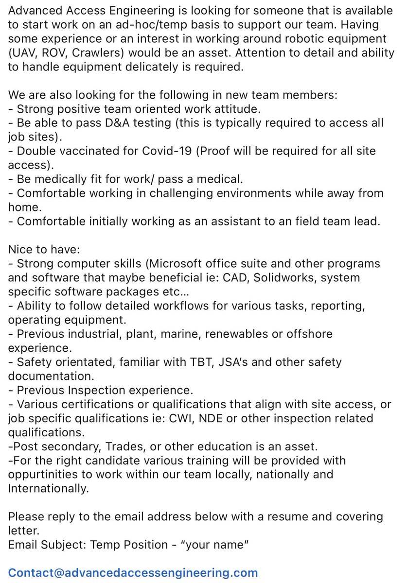 Advanced Access Engineering are seeking a candidate for a ad-hoc/Temp position. Read this⬇️👍