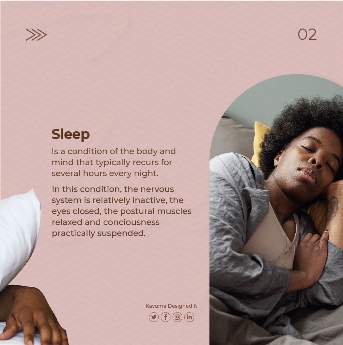 KDIdesignagency's tweet photo. Sleep is a condition of the body and mind that typically recurs for several hours every night and occasionally, during the day.
The nervous system is relatively inactive, the eyes are closed, the postural muscles relaxed and consciousness practically suspended.
#sleepandrest https://t.co/PZdaBbHeD0