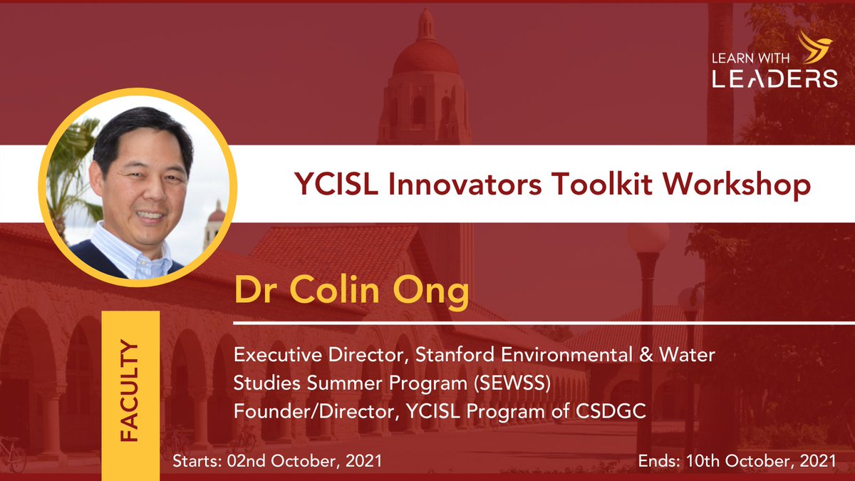 LearnLeaders's tweet photo. Meet your faculty for the YCISL #Innovators Toolkit #Workshop – Dr. Colin Ong! He is a Professor at @Stanford; Founder/Director of the Youth Creativity, Innovation and #Sustainable Leadership (YCISL) Program of CSDGC.

Register for the workshop: https://t.co/a0ISFTaVwQ

#learning https://t.co/4LI474zmae