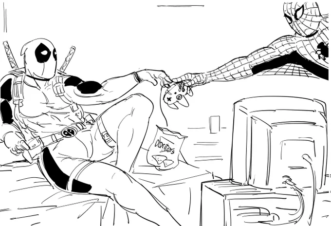 Request for Deadpool and Spiderman passing the controller in a hotel room in the Creation of Adam pose 