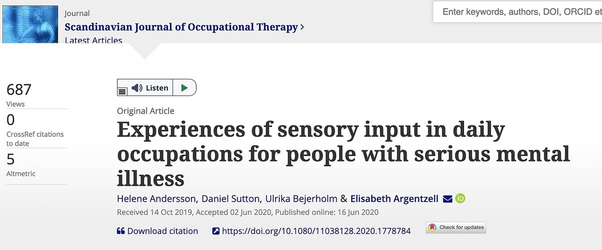 This study researched the experience of #sensory input and strategies used in daily occupations among individuals with difficulties with #MentalHealth bit.ly/3ksUN1K

#SensoryAwarenessMonth #research