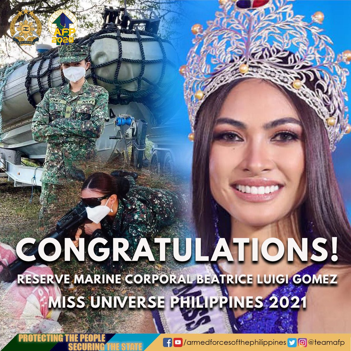 The AFP congratulates Reserve Marine Corporal Beatrice Luigi Gomez for being crowned as the 2021 Miss Universe Philippines.

#AFPyoucanTRUST  
#ModernAndMultiCapablePHNavy
#MUPH2021Coronation 
#MissUniversePhilippines2021 
#PhenomenalWoman
#InspireYou