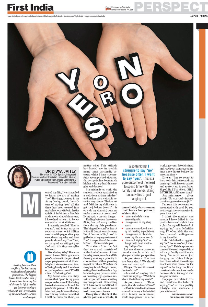 divyajaitly1's tweet photo. Recently I’d written an article highlighting the struggle of saying “No” Here’s my perspective & a few tips that might help you relieve conflict in teams & relationships #walkthetalk #newspaper #columnist #leadershipcoaching #askdivya https://t.co/Zvh4ZI2LnJ
