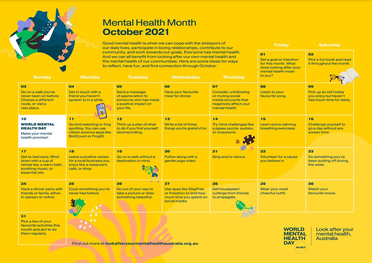 beyondblue's tweet photo. #MentalHealthMonth starts today! Our friends at @AUMentalHealth have created printable calendars with daily ideas on what you can do to look after your mental health throughout October. There’s a calendar for everyone – check them all out at https://t.co/FvxgnZpPOJ. https://t.co/qaLd4GXfmi