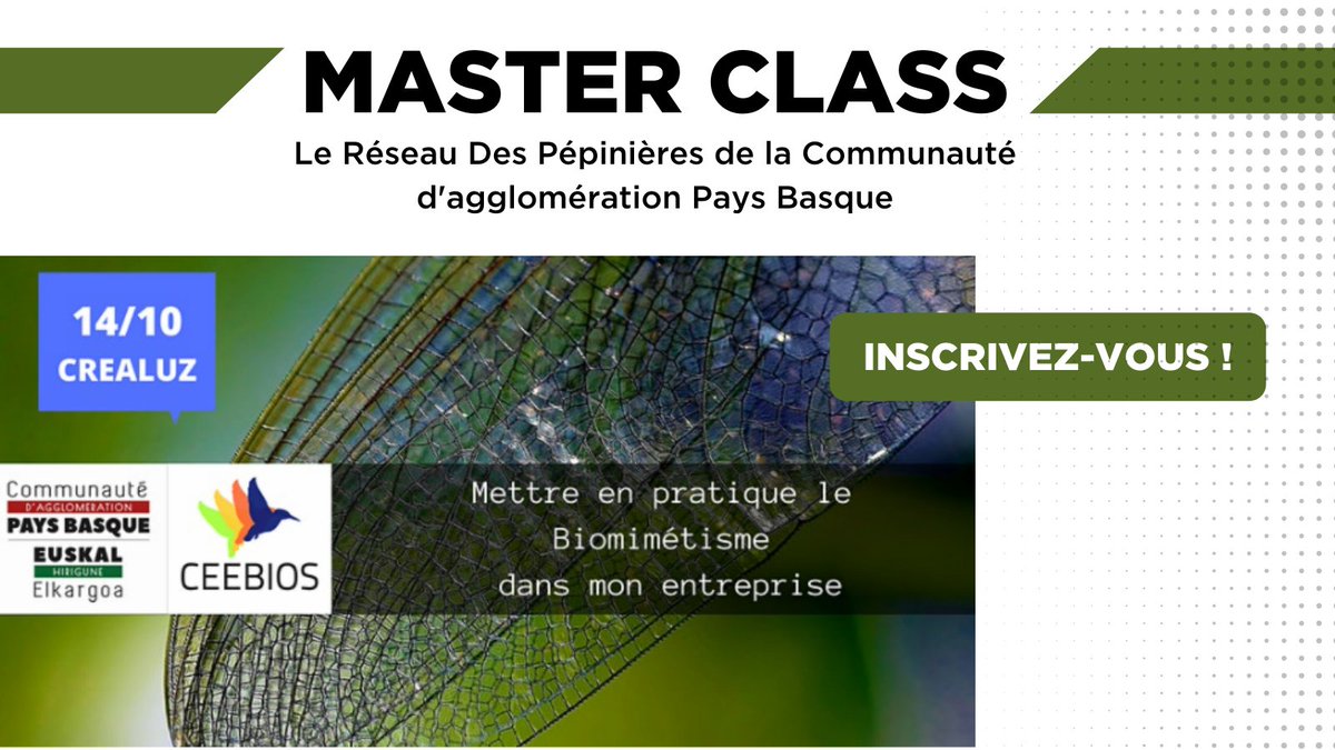 👋 Vous êtes une entreprise ou un porteur de projet hébergé au sein du Réseau Des Pépinières de la <a href="/CommunautePB/">CommunautéPaysBasque</a> ? Le 14/10,  participez à l'atelier "Mettre en pratique le #biomimétisme dans mon entreprise" ➡️ eventbrite.fr/e/billets-mast… #formation #entreprise #biomimétisme