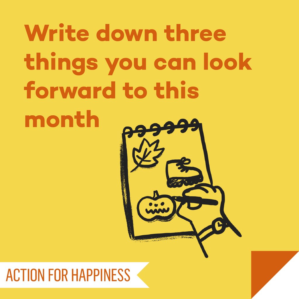 actionhappiness's tweet photo. Optimistic October - Day 1: Write down three things you can look forward to this month https://t.co/5btNmAFHBh #OptimisticOctober https://t.co/7FF2Nhqrgu