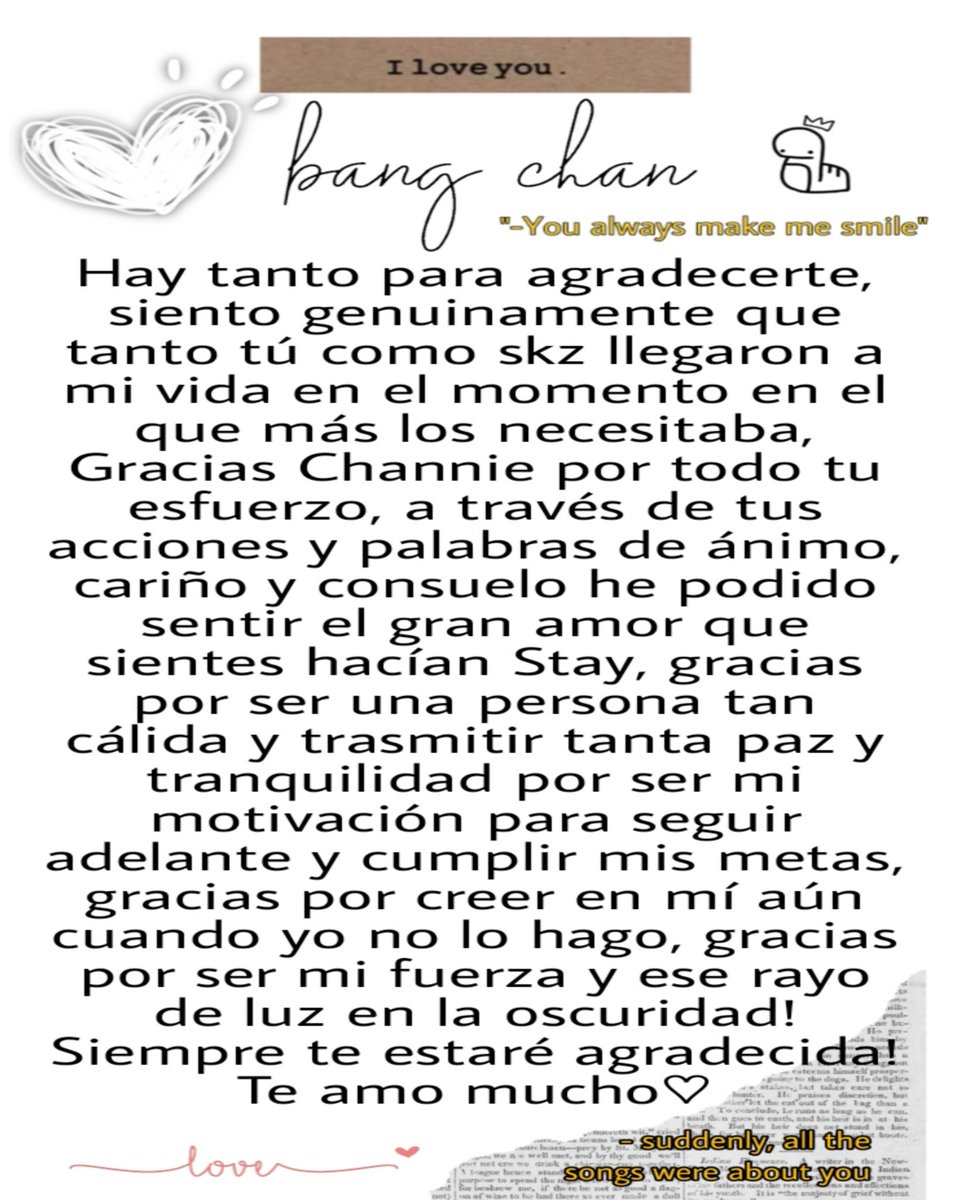 00hhjskz's tweet photo. Realmente eres una persona maravillosa, eres alguien que ilumina las vidas de los que te conocen, inspiras a ser una mejor persona cada día, gracias por llenar de lindos colores mi vida<3
#DearBangChan #BangChan #BangChansWeek https://t.co/eBAv8S8wUx