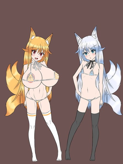 立ち絵その③通常衣装考えようとしたけど、途中でめんどくさくなったのでとりあえずマイクロビキニ&amp;ニーソで着せて満足する。もし異世界ハーレムものがあったら確実に上位に来るであろう双子の美少女獣人(キツネ娘)なのだが… 