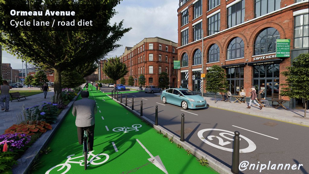 Ormeau Avenue protected cycle lane and road diet - <a href="/NicholaMallon/">Nichola Mallon</a> <a href="/SustransNI/">SustransNI</a> <a href="/nigreenways/">NI Greenways</a> <a href="/KateNicholl/">Kate Nicholl</a> <a href="/deptinfra/">Department for Infrastructure</a> <a href="/ormeaubaths/">ormeaubaths</a> <a href="/IrishCycle/">Gone to Bluesky</a>