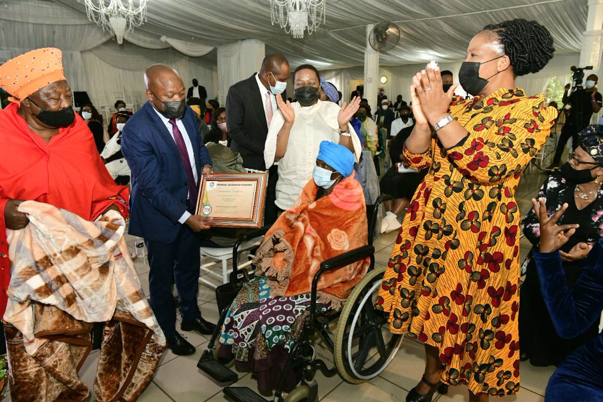 kzngov's tweet photo. [IMAGES] KwaZulu-Natal Premier Mr Sihle Zikalala @sziks honors Ms Jabulisile Trysina Ntuli as she turns 110yrs old today as it is #InternationalDayofOlderPersons2021 #GrowingKZNTogether https://t.co/cdbR8TS8Uf