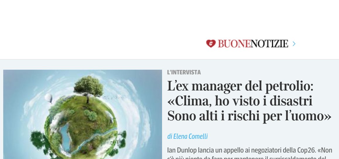 Non saranno i sottomarini nucleari o la pandemia
a dominare la nostra vita nei prossimi 20 anni,
ma la crisi del #clima. E' questa la vera urgenza.
Ian Dunlop, ex top-manager dell'industria fossile,
lancia un appello a <a href="/COP26/">COP26</a> su <a href="/CorriereBN/">CorriereBuoneNotizie</a> corriere.it/buone-notizie/…