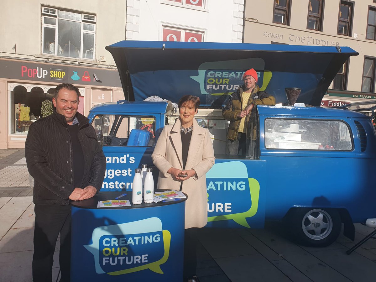 Minister for Education <a href="/NormaFoleyTD1/">Norma Foley T.D</a> met with the #CreatingOurFuture roadshow in Tralee this morning. Great interest from the local community who stopped by for a coffee &amp; a chat to share their ideas with researchers. Next stop is Limerick. We will be at Arthurs Quay from 2-4pm