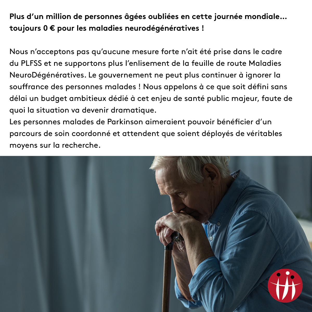 FranceParkinson's tweet photo. Plus d’un million de #personnesâgées oubliées en cette journée mondiale… toujours 0€ pour les maladies neurodégénératives! @olivierveran @BrigBourguignon 
@FranceAlzheimer @FondationMedAlz @apfhandicap @LFSEP @UNISEPOFFICIEL @gkierzek @pascale_santi @AgnesLeclair @B_LVQ https://t.co/t2QmTgjPwQ