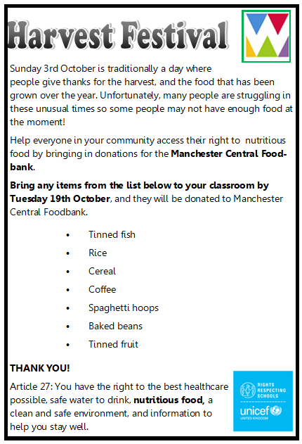 WebsterPrimary's tweet photo. We will be starting our harvest collection next week. All donations will be going to The Manchester Central Food Bank. Thank you in advance! #giving #community  @McrFoodbank https://t.co/W2Gxed2YLu