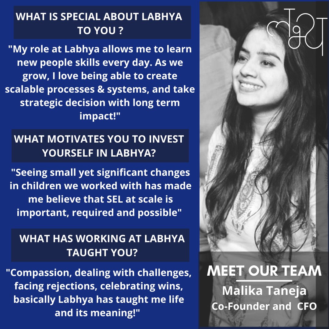 Labhya4children's tweet photo. Malika is our co-founder and takes care of processes, systems, and all the legal, regulatory and financial aspects at Labhya.
One of the invaluable pillars that have made Labhya what it is, we are grateful to be constantly guided by her!
#dreamteam #SEL4India @MalikaTaneja01 https://t.co/Xkiov7Om2J