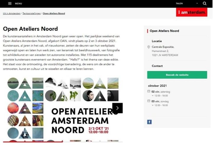 Dit weekeinde (2/3 okt) 12:00-18:00: Open Ateliers Amsterdam Noord.
De grootste kunstmanifestatie van Amsterdam: 115 kunstenaar, 50 locaties, 9 hotspots.
Mis het niet!  openateliersnoord.nl

Zegt (tweet, post, like, share) het voort, en komt allen! 

#openateliersnoord