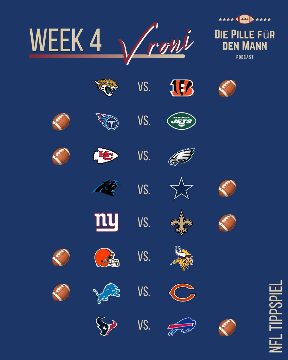 DiePilleFDM's tweet photo. 🏈 TIPPSPIEL SPECIAL 💊
—
Für NFL Week 4 haben wir für die morgige Folge einige „Gast-Tipper“ am Start, die aber alle zur Pillenarmy gehören.
—
Was sagt ihr zu den Tipps von @V_Mittermueller ? 🔥
—
@MikeLS91
@CSpengemann
—-
#ranNFL #NFL #Tippspiel #DPFDM #Podcast #Football https://t.co/u4Dbe5hUZb