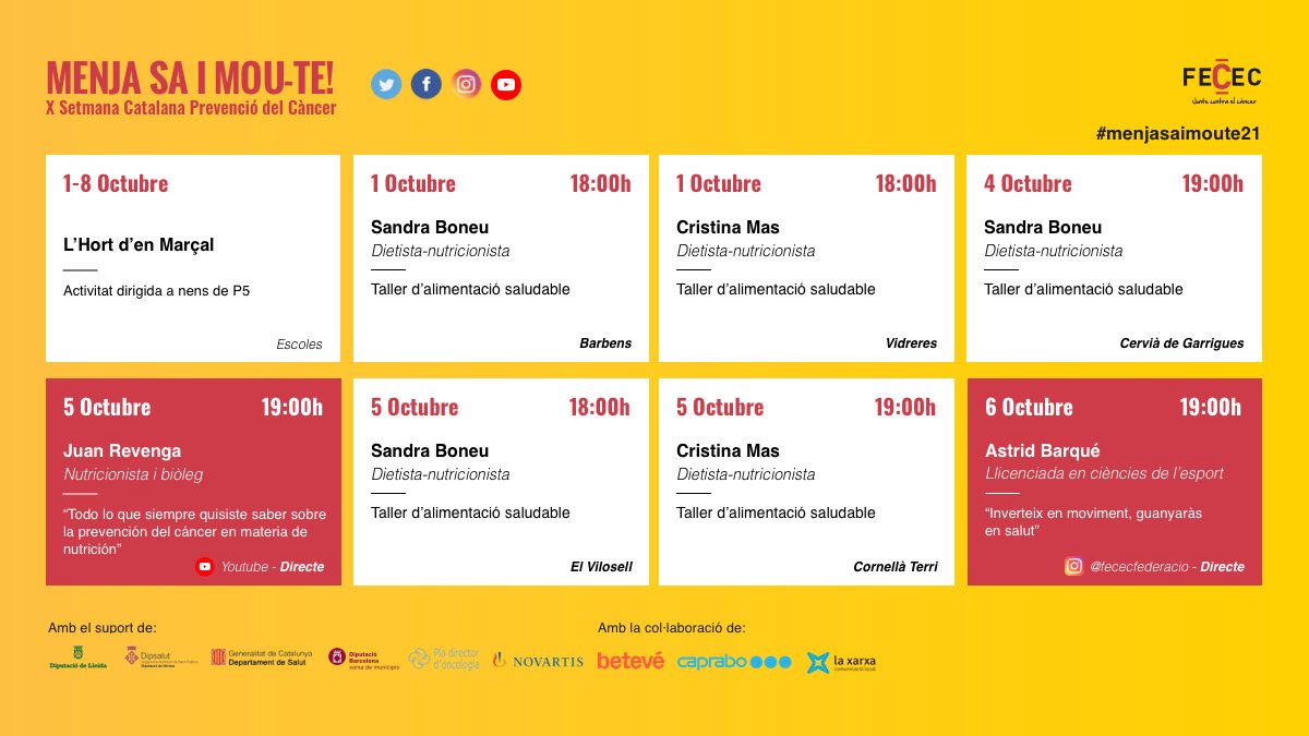 FececFederacio's tweet photo. 🥦🍆🍓#menjasaimoute21 Des d'avui i fins al 8 d’octubre hem organitzat arreu de Catalunya diferents tallers d’alimentació saludable impartits per nutricionistes i dietistes col·legiats.
Busca el taller que et quedi més a prop de casa teva 🙃
#SECAPC #FECEC #healthylifestyle https://t.co/FCc7Y2t78N