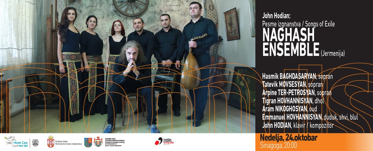 NOMUS 2021
Nedelja, 24. oktobar 
Sinagoga
20:00 
THE NAGHASH ENSEMBLE (Jermenija)
Program:
John Hodian:  
“Pesme iz izgnanstva - tužbalice i blagoslovi” / “Songs of Exile — Lamentations &amp; Benedictions”