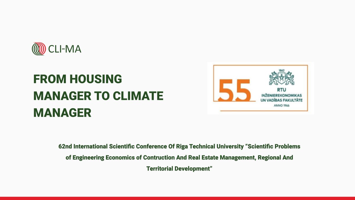 CLI-MA project was invited to host a workshop on 62nd annual International Scientific Conference of RTU, where the housing management situation in Germany, Poland and Latvia were presented. The demand for proffessional housing management is only increasing buni.rtu.lv/iceree2021/?la…