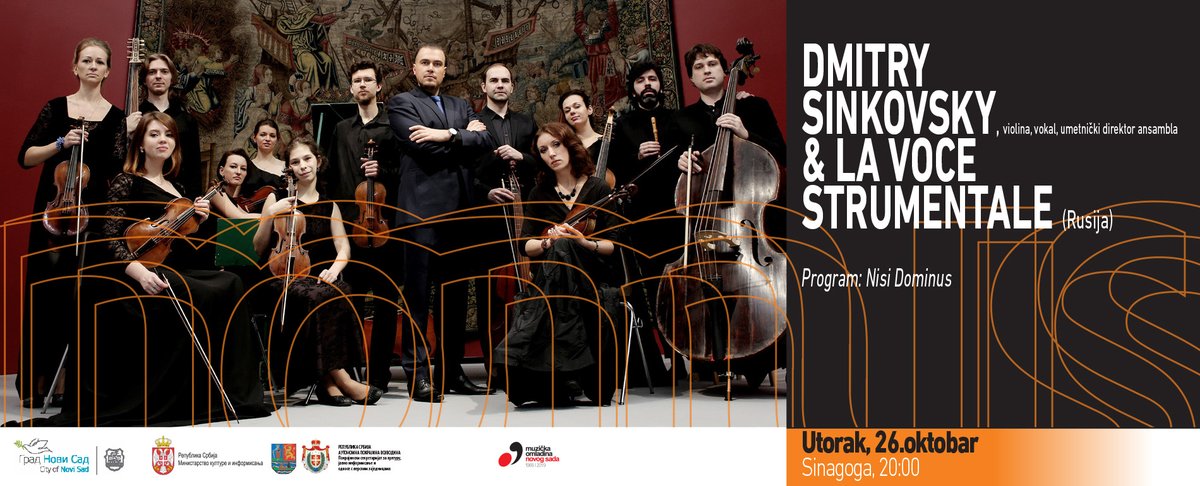 NOMUS 2021
Utorak, 26. oktobar 
Sinagoga
20:00
DMITRY SINKOVSKY, violina, glas, umetnički direktor ansambla
&amp; LA VOCE STRUMENTALE (Rusija)

P r o g r a m: 
„Nisi Dominus“
Dela G. Ph. Telemanna, P. A. Locatellija, J. S. Bacha i A. Vivaldija: