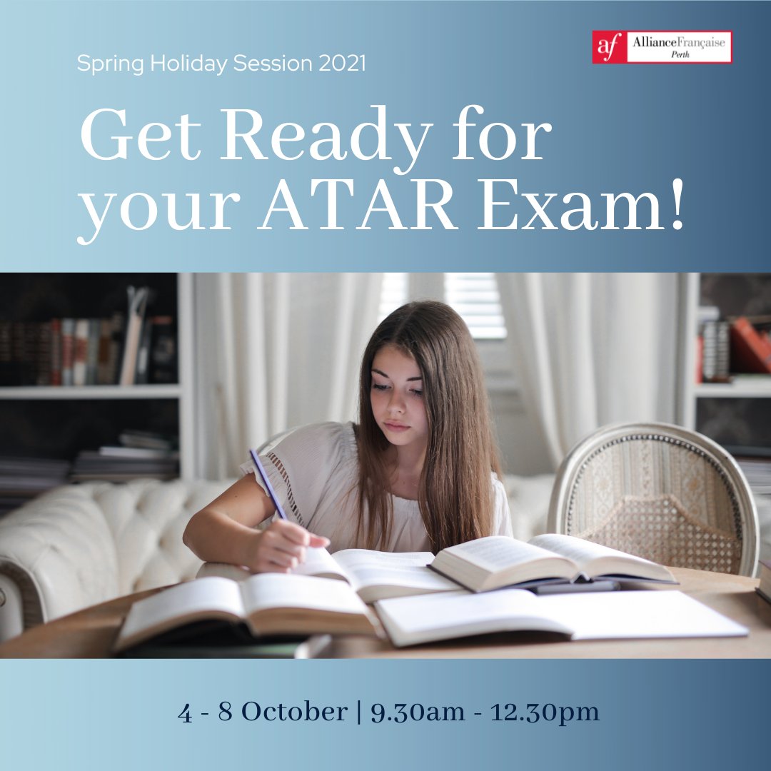 AFPerth's tweet photo. 💡 Get ready for your ATAR exam - Y11 &amp; Y12 📚

Last chance to enrol in our Spring Holiday Session! Total immersion with our native, qualified French teachers to reinforce and review your French ATAR units. https://t.co/X7uBxX3S9p
