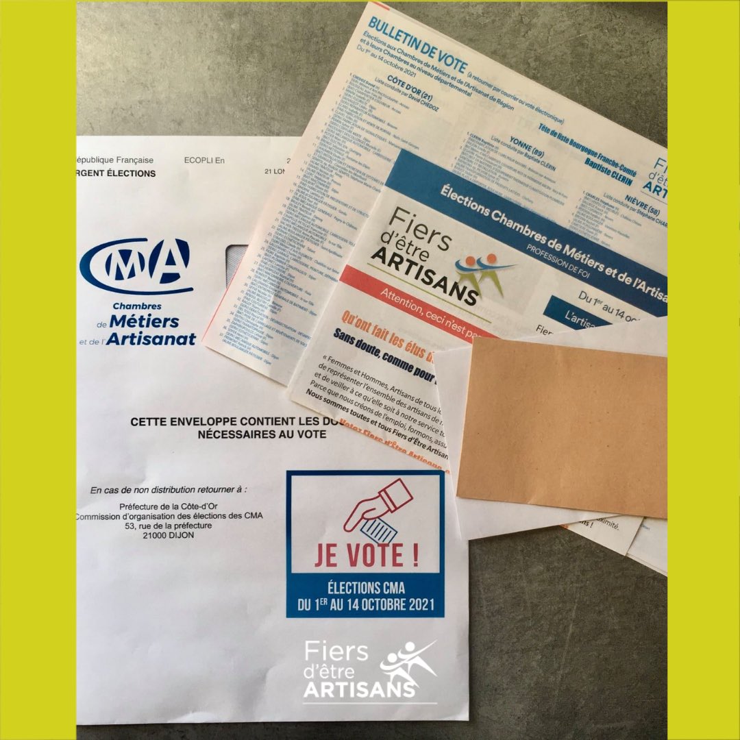C'est le jour J : le scrutin pour les #ÉlectionsCMA est ouvert !
Avez-vous bien reçu votre matériel de vote ? N'oubliez pas de vous en servir et de voter <a href="/FiersArtisans/">Fiers d’Être Artisans</a> !