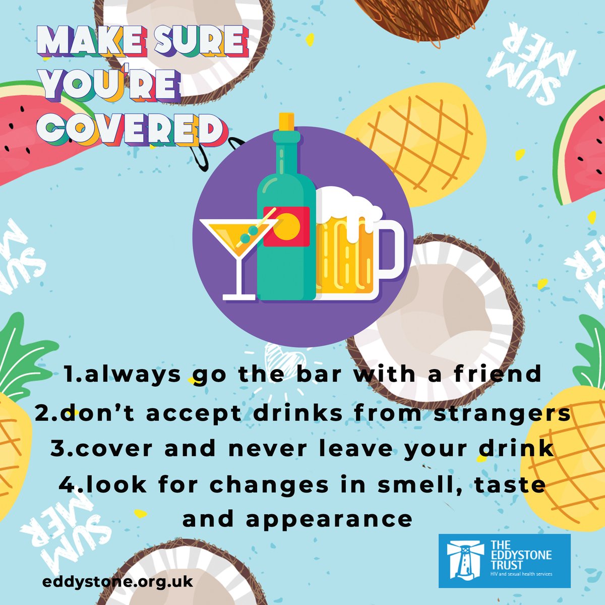 EddystoneTrust's tweet photo. With the seasons changing and many of you starting college or university, it seems as if we're going to be spending more time in doors socialising. That's why we've put these tips on what to look out for and how to stay safe from drink spiking. #sexualharessment #drinkspiking https://t.co/i1kgvGnPzv